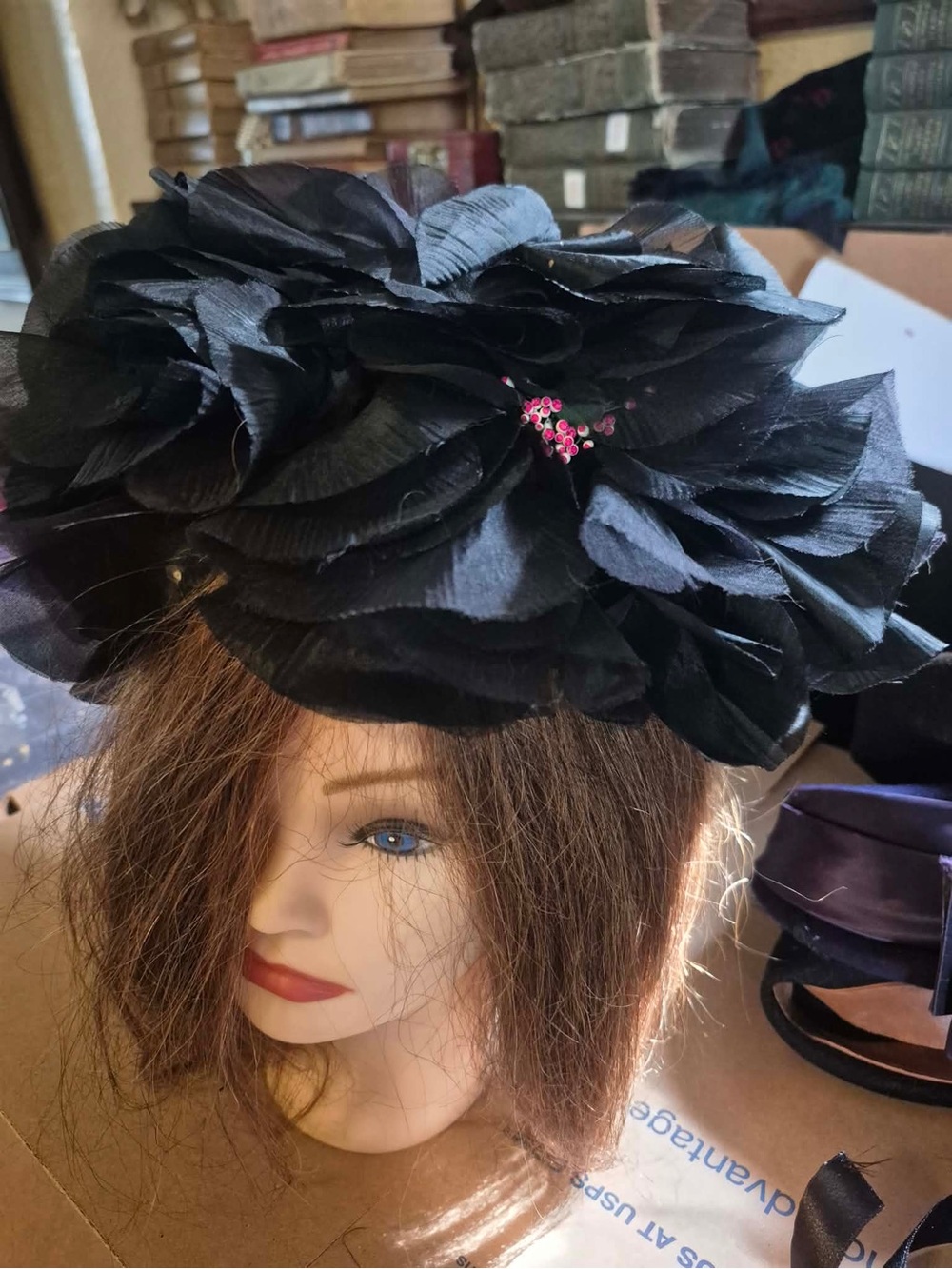 Black Vintage Floral Hairpiece - Formal Capulet w/ Large Black Flowers Derby Hat